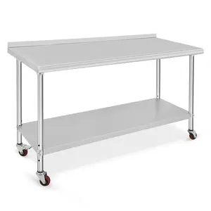 GARVEE Stainless Steel Kitchen Work Table, Kitchen Countertop, 152 x 61 x 89 cm, with Wheels and Splash Guard, Kitchen Table, Kitchen, Hotel, Home, Stainless, Stable