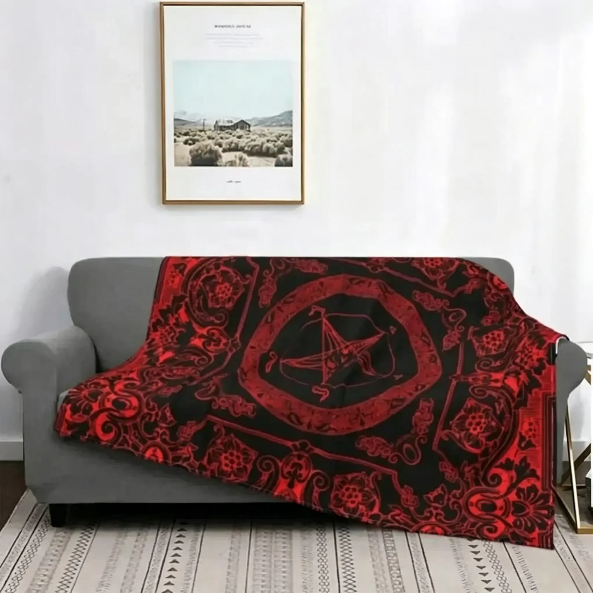 Sabbatic Goat Baphomet Flannel Blanket - Warm, Anti-Wrinkle, Vintage Modern Occult Pentagram Throw for Bedding, Couch - Father's Day Gift for Family, Customized for Watch Party,