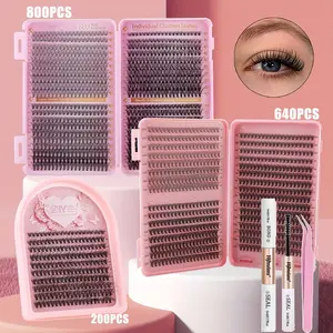 800pcs/640pcs/200pcs DIY Eyelash Extension Set, Natural Slender Cat Eye Single Cluster False Lashes, Mixed Lengths 8-16mm, Reusable Multiple Times. A Makeup Tool Suitable for Girls, Large Capacity Eyelash Book / Small Box Travel Portable