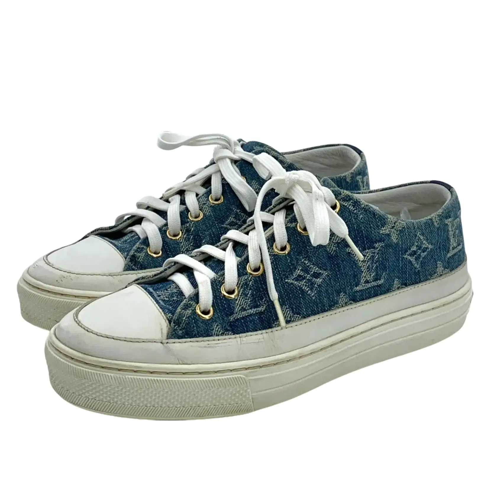 RDLT-Louis Vuitton Size 37.5 Stellar Dark Blue Monogram Jacquard Lace‑Up Flat Sneakers-J37111