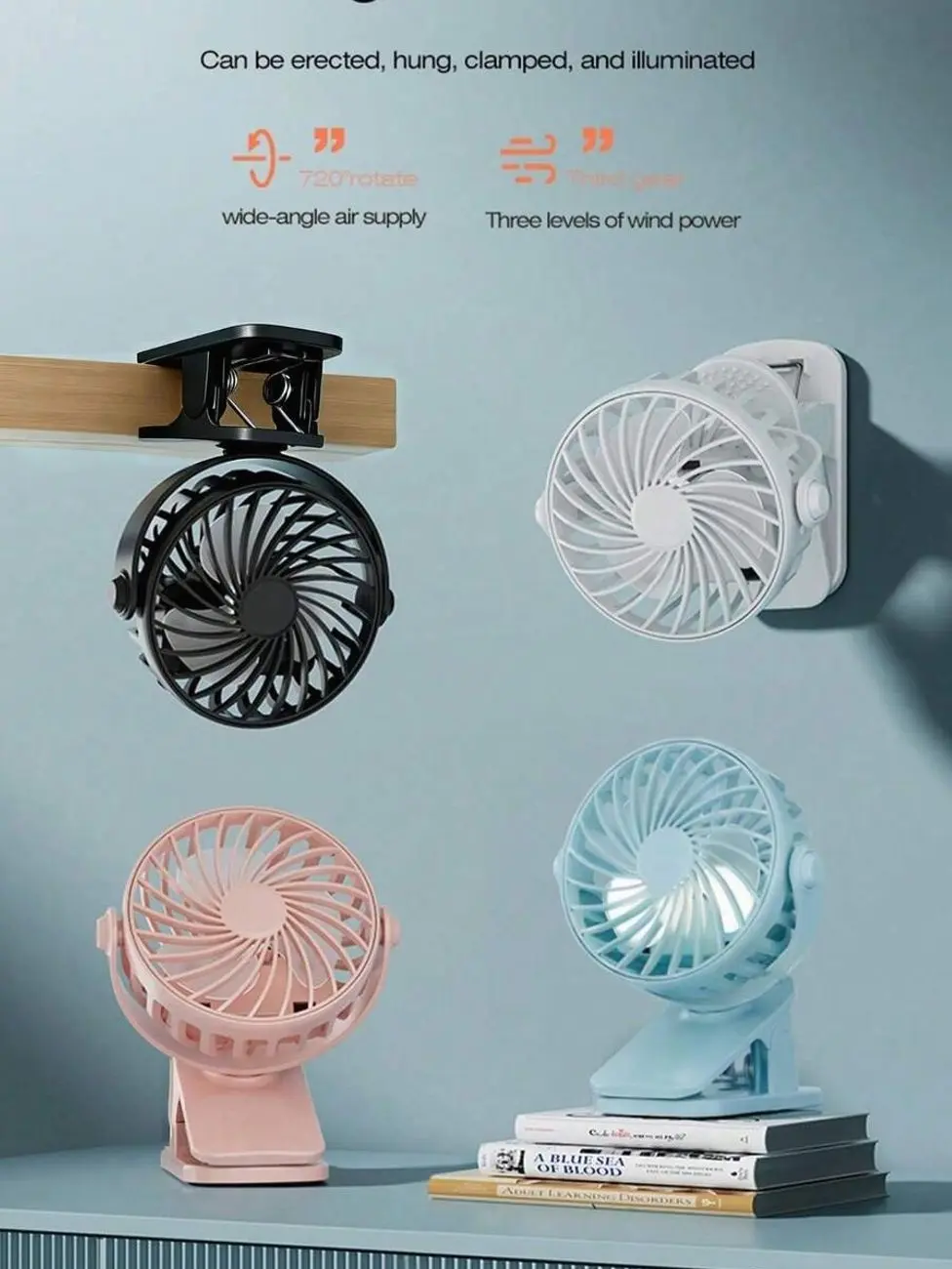 360° Rotatable Clip-On USB Rechargeable Fan - 500mAh Battery, 3-Speed Quiet Cooling With Night Light | Ideal For Summer Travel, Dorm, Office, Baby Stroller