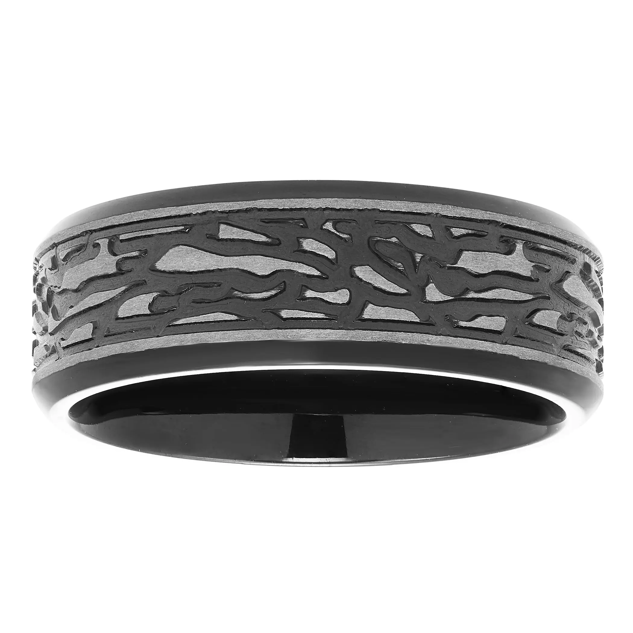 Tantalum 8mm Black Ion-Plated Steel Pattern Band Ring