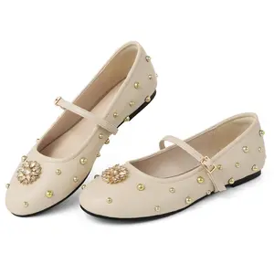 CYNLLIO Studded Ballet Flats Shoes for Women Round Toe Buckle Strap Mary Jane Flats Rhinestone Ballerina Flats for Women Dressy Comfortable Shoes