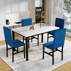 AWQM 4-Piece Dining Table Set - Blue Marble Top & Velvet Chairs for Kitchen, Breakfast Nook dining  room Waterproof Wine