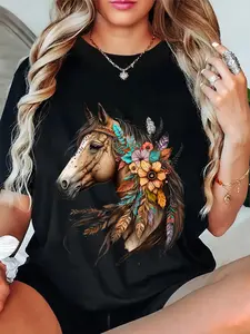 100% Cotton Floral Wild Horse Country Horse Riding T-Shirt
