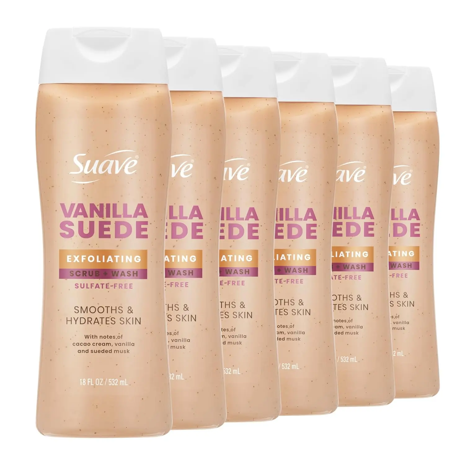 Suave Vanilla Suede Exfoliating Body Wash & Scrub with Glycerin & Vitamin E, Sulfate-Free Hydrating Cleanser for Soft, Smooth Skin, 6 Count, 18 FL OZ