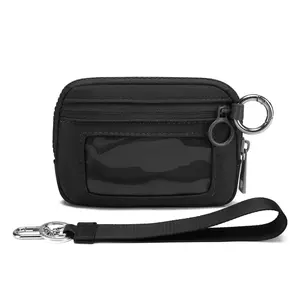 Women’s minimalist compact wallet — multifunctional one-piece card holder and coin pouch made of waterproof nylon with a zipper closure; mini wrist card holder with a transparent window; multi-layer zippered compartments; includes a detachable wrist strap
