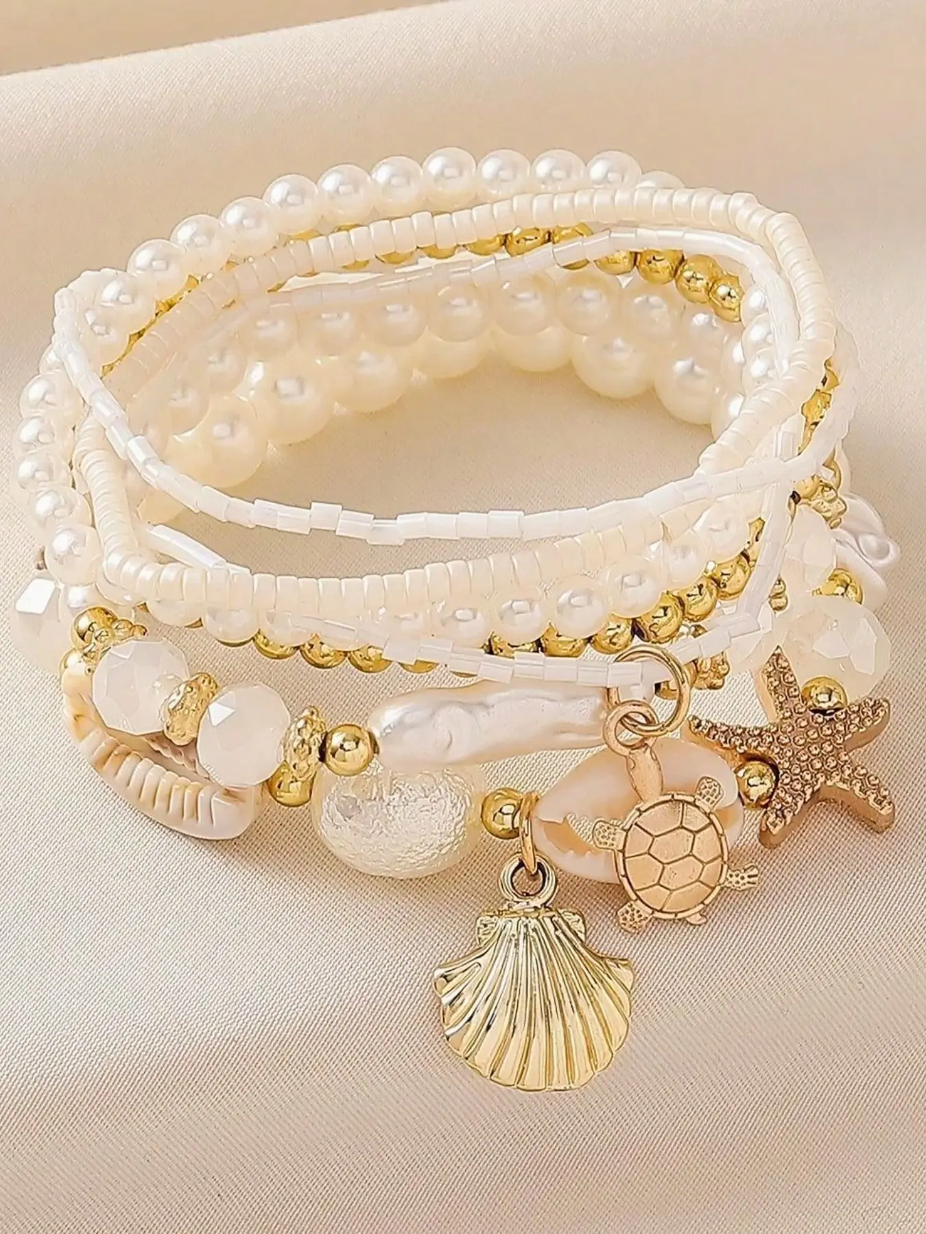 7pcs/set Shell Pearl & Starfish Beaded Bracelets, Exquisite Bracelet, Boho Style for Women, Perfect for Parties, Weddings, Back to School, Elegant Gift Idea, Beautiful Bracelets