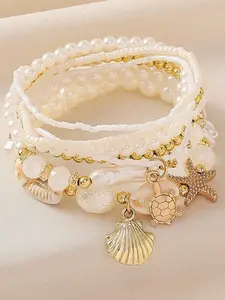7pcs/set Shell Pearl & Starfish Beaded Bracelets, Boho Style for Women, Perfect for Parties, Weddings, Back to School, Elegant Gift Idea