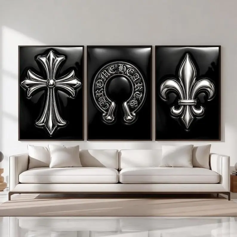 Chrome Hearts Hypebeast Wall Art Poster Print Unframed Set of 3, Black Silver Gothic Cross Art, Horseshoe Print, Fleur De Lis Luxury Y2K Room Decor