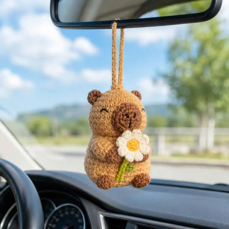 Crochet Capybara Car Hanging, Handmade Car Mirror Charm, Cute Capybara Decor, Flower Car Accessory, Kawaii Gift