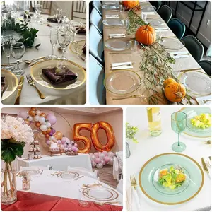 7/11/21/31 Pack European-style Party Platter 13" Gold Rim Clear Heavy Duty Plastic Serving Trays, Disposable Charger Plates Tableware