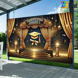 2D flat banner wall decoration, 1 piece. Graduation party decoration, graduation celebration background banner, golden curtain stage. Kindergarten, primary school, middle school, university graduation ceremony. Bachelor's cap tossing moment, commemorating