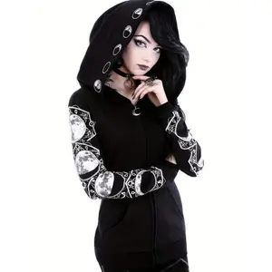 [Large Hooded Moon Hoodie] Black & White Moon Hoodie, Large Hooded Zip Up Front Pocket Sweater, Gothic Casual Tops, Women's Clothing