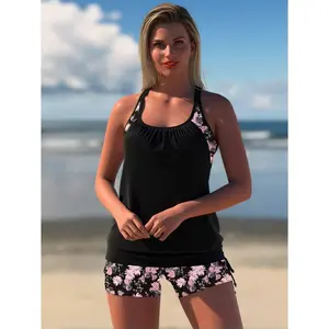 Black Floral Swimsuit Cover Up Shorts - Women's Beach Swimwear Belly Slimming Smock; Two Piece Swimsuit Set; Holiday Poolside Cover-Up