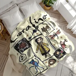 Coraline Movie Inspired Throw Blanket Cozy Soft Flannel Plush Blanket Creepy Cute Cartoon Bedding for Sofa Couch Bed Travel Halloween Cosplay