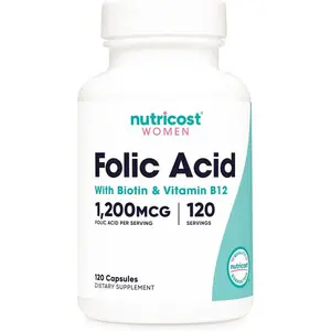 Nutricost Folic Acid for Women (Vitamin B9) 1200 mcg, 120 Capsules, with B12 and Biotin, Veggie Caps, Non-GMO & Gluten Free