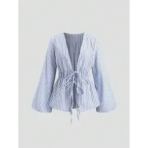 Casual Tie-Waist Bell-Sleeve Blouse For Work, Autumn Shirts White