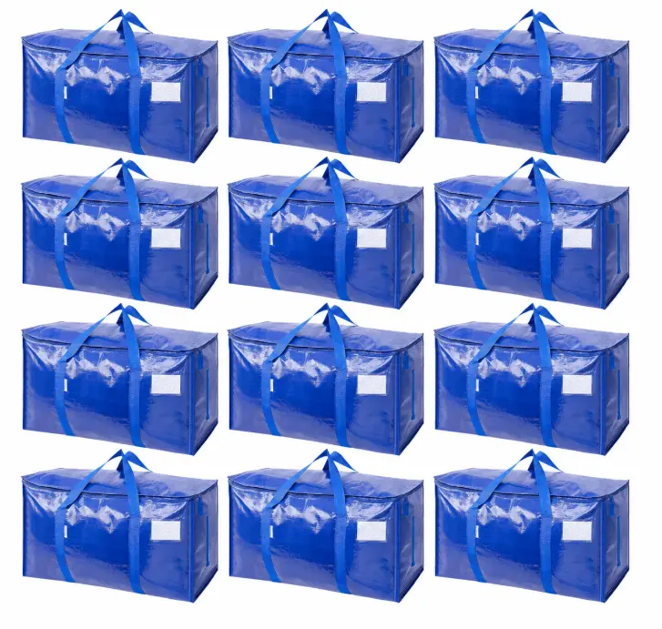12-Pack Extra Large Blue Moving Bags with Zippers, Wraparound Carry Handles, Side Handles and Label Pockets for Clothes, Bedding, Dorm, Travel and Home Storage