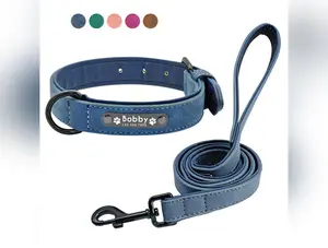 Leather Personalized Dog Collar Leash Set