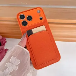 Minimalist Orange Card Holder Phone Case Cover for iPhone 17 16 15 14 Plus 13 12 11 Pro Max Leather Card Holder Shockproof Protective Case