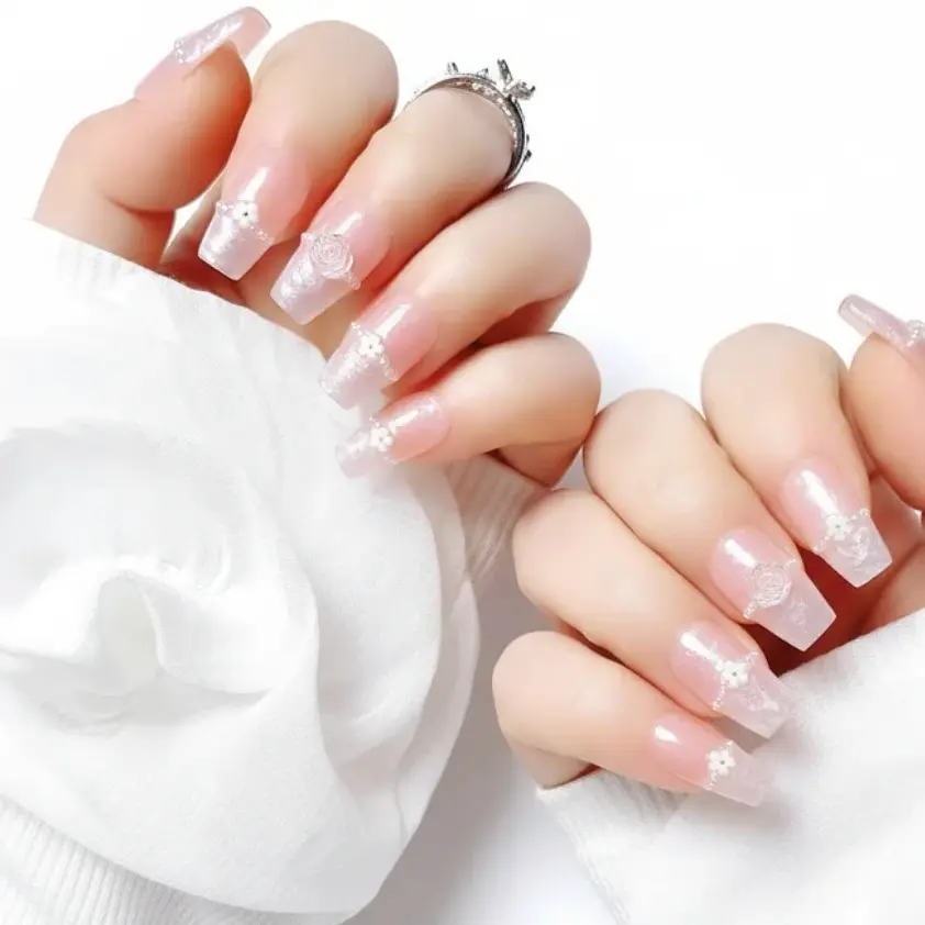 Nailrosy Handmade 10Pcs Short Chunky French Tip Press On Coffin Nails Kit - Silver Blush Pink Transparent with Chic White Floral Petal, Reusable DIY Gel, Time-Saving for Wedding Wear, 2026 New Flower Nails, Chunky French Tip Press On False Nails