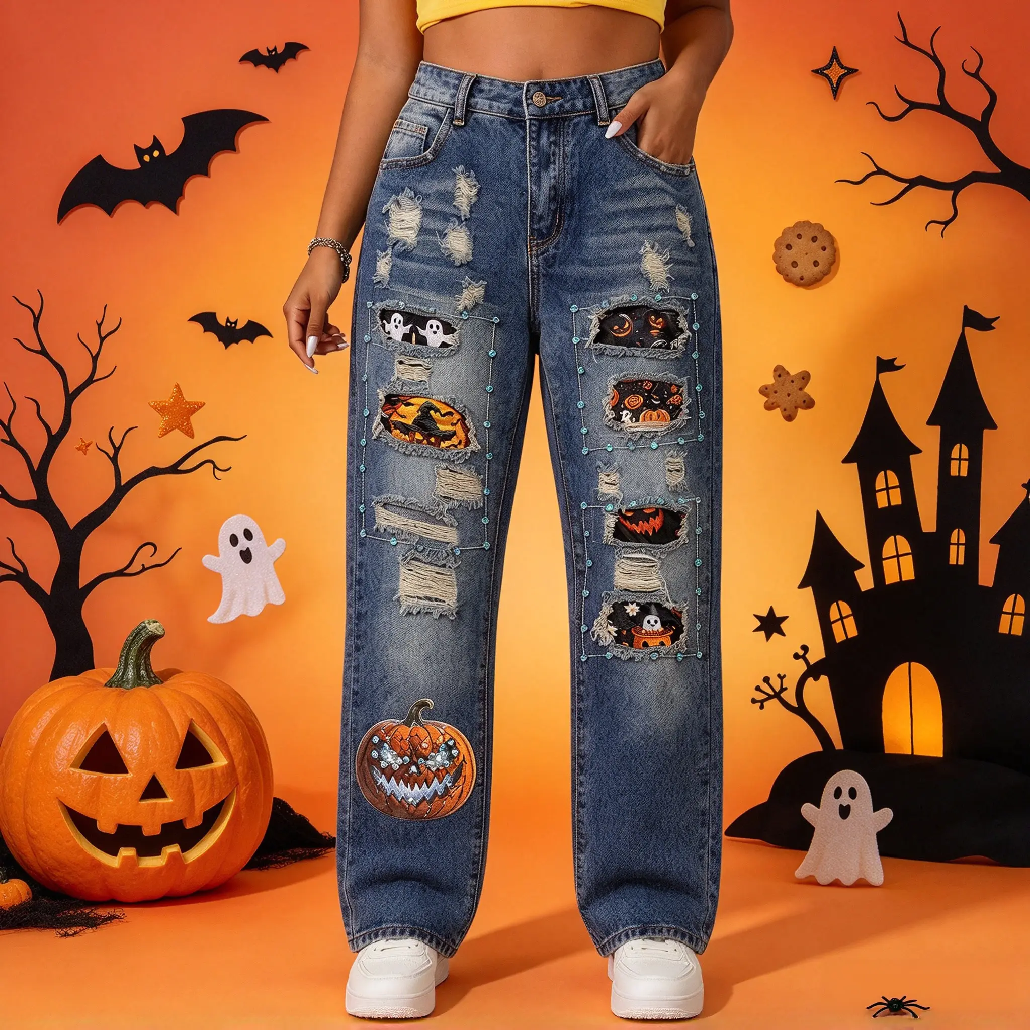 2026 Halloween New Fashion Women’s Mid-Rise Straight-Leg Washed Denim Jeans with Diamond Pumpkin & Ghost Print and Distressed Details, Non-Stretch