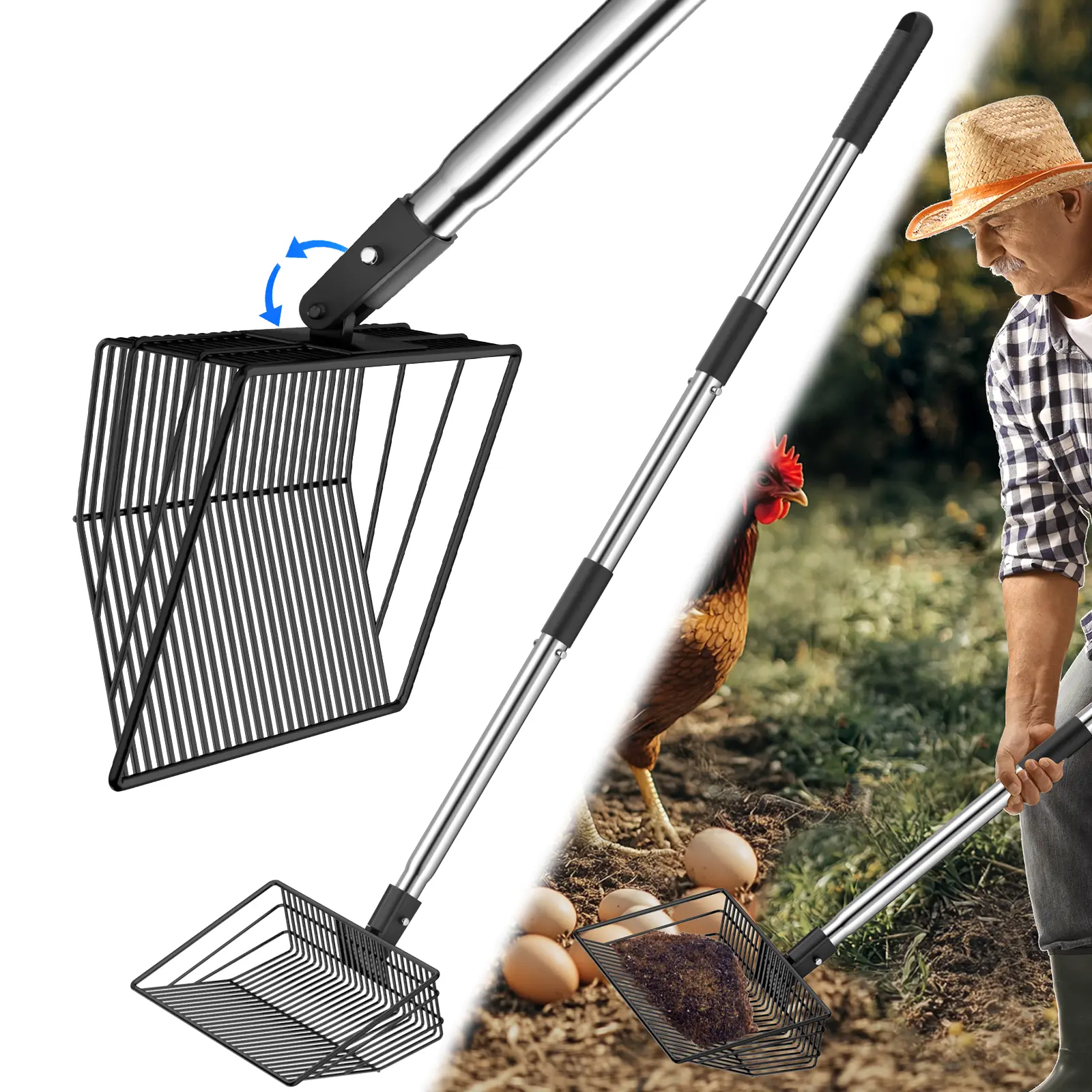 Stainless Steel Chicken House Cleaning Shovel - Extendable-Detachable Handle, Metal Mesh Screen, No-Power Efficient Waste Removal Cleaning Tool, Suitable for Cat Litter & Farm Poultry Maintenance, Father's Day Gift