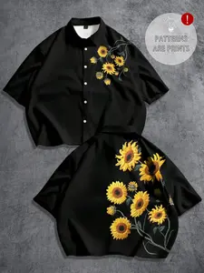 Men's Sunflower Print Short Sleeve Button-Up Shirt, Summer Casual Hawaiian Floral Street Style, Loose-Fit Beach Top for Vacation