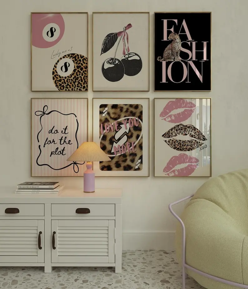 Leopard Wall Art Set of 6 Trendy Y2K Fashion Poster Aesthetic College Dorm & Apartment Decor Leopard Print Gallery Wall lucky 8 ball Print