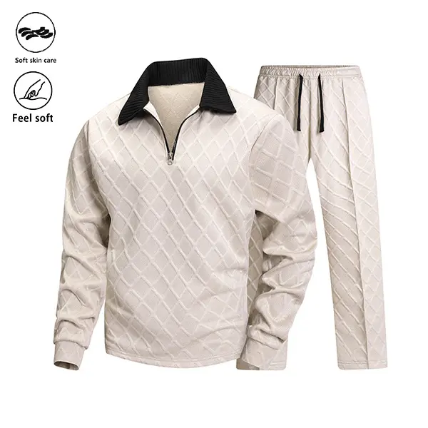 Men’s diamond jacquard two-piece athletic set featuring contrasting colors: a polo collared half-zip long-sleeve top and straight sweatpants with a drawstring elastic waistband. Textured coordinated outfit suitable for streetwear, home leisure, fitness tr