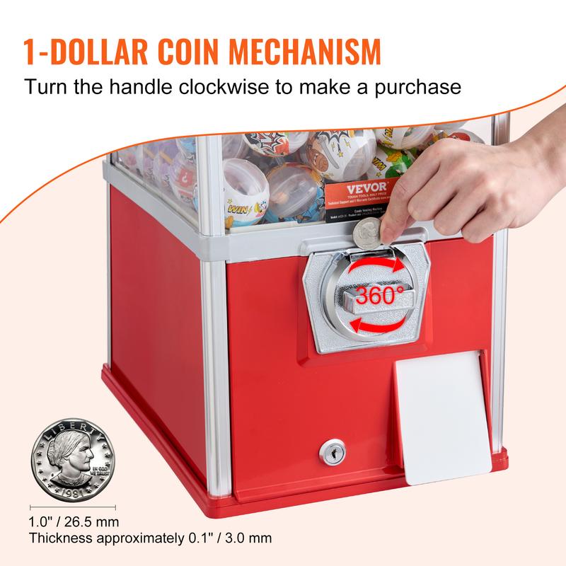 VEVOR Gumball Machine for Kids,  , 21" Height Home Vending Machine, PS Bouncy Balls Dispenser, Hold 180 Capsule Toys, Rectangle Bubble Gum Machine for Game Stores, Coin Operated Gumball Bank, Red