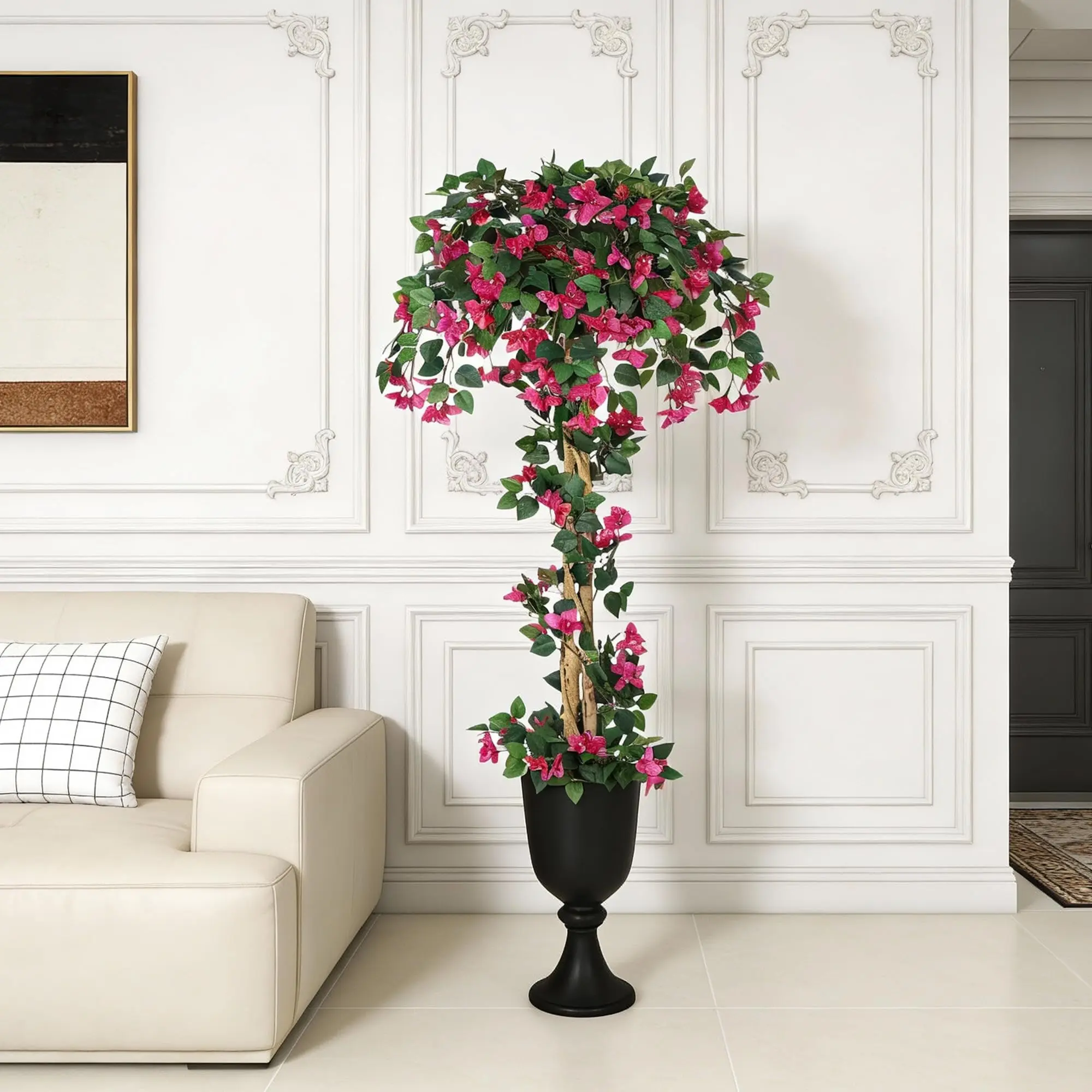 【GARVEE】Realistic Artificial Bougainvillea Tree with Pink Silk Flowers – UV Resistant, Fade-Proof Faux Plant in White Planter – Low Maintenance Decorative Greenery for Home, Office, Garden, Wedding – 5FT