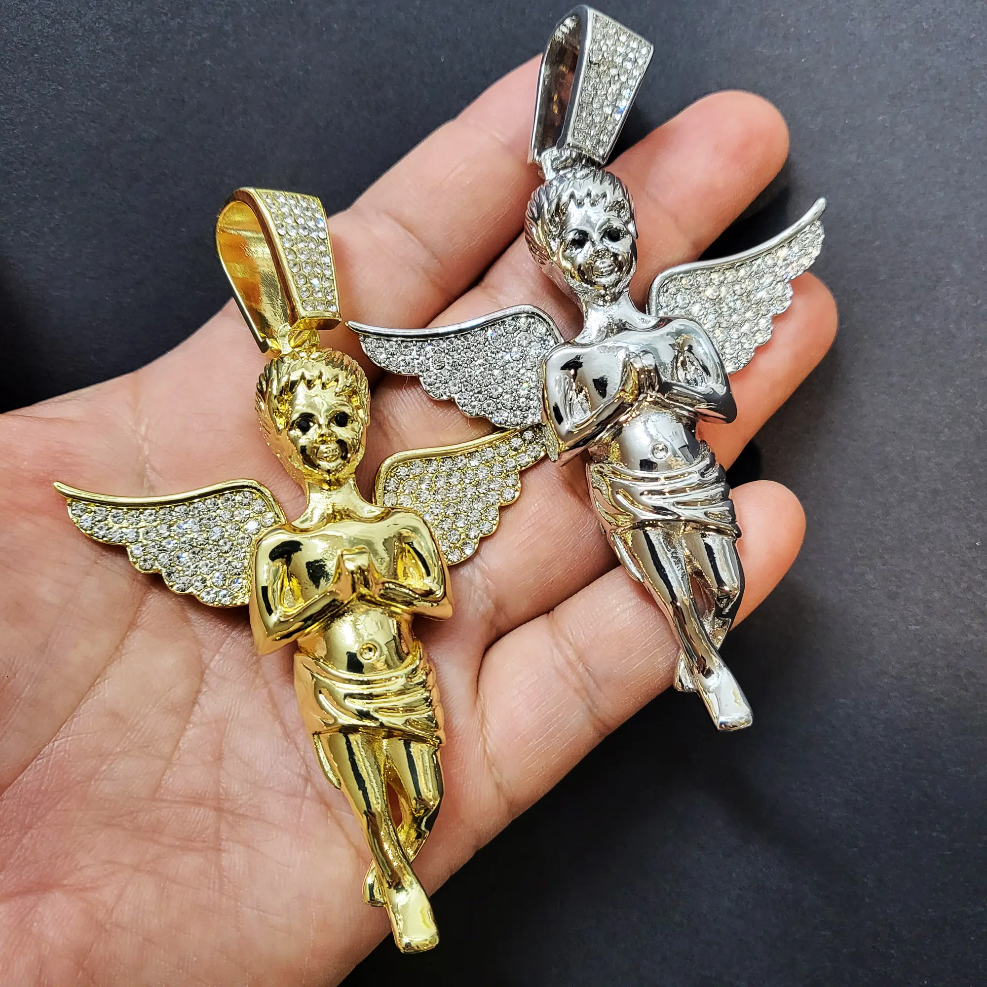 MaxBling81 Unisex Large Charm Hip Hop Necklace - Iced Gold-Silver Plated Cubic Zirconia Baby Angel Pendant, Angel Wing, Whimsical Fashion Costume Jewelry Accessory for Anniversary, Daily Wear, Angel Wing Necklaces, Whimsical Necklace