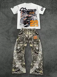 Retro 22 pattern T-shirt, camouflage streetwear, comfortable two-piece sportswear, Y2K aesthetics, men's casual summer wear, TikTok fashion camouflage fashion, retro racing print, loose camouflage pants, essential for streetwear