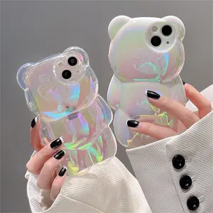 Korean Cute 3D Laser Bear Transparent Case For iPhone 16 15 14 13 12 11 Pro Max Stylish Silicone Shockproof Soft Cover Funda Cellphone Protection