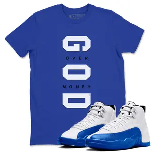 Unisex T-shirt to match Jordan 12 Blueberry - God Over Money. 100% Cotton for Casual Wear. Comfortable Summer Unisex T-Shirt to match Jordan Sneaker. Streetwear Style. urban outfitters