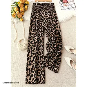 Women's Lady Bottoms, 2026 New Coffee Leopard Print Casual Pants, Elastic Waist, Loose Wide-Leg Design tiktokshopspringglowup