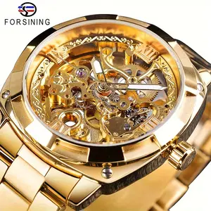 Forsining Business Fashion Transparent Retro Men's Automatic Mechanical Watch Top Luxury Brand Male Watches Luminous Hands Design Skeleton Stainless Steel Band Wristwatches Gifts For Man