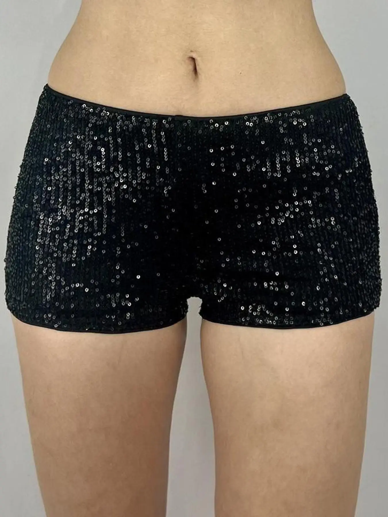 Sexy Nightclub Style Sequined Mini Drop Waist Dressy Shorts, Low Waist Hot Slim-fitting Solid Color Casual Pants, All-Season Wearable for Club and Date