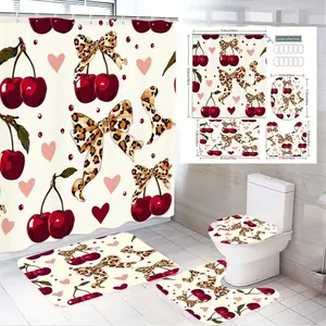 1/4pcs Cherry & Leopard Print Bathroom Set, Shower Curtain with Cream Background, Red Cherries, Pink Hearts, Leopard Bows, Toilet Cover, Bath Mat, Perfect for Valentine's Day Mother's Day Bedroom Decor - Stylish Home Bathroom Accessories Set