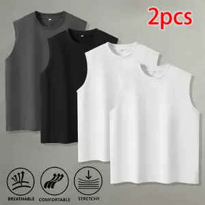 2-Pack Loose Crew Neck Sleeveless Tank Tops — Breathable, Stretchy Sports Vest/Base Layer for Everyday Casual Wear