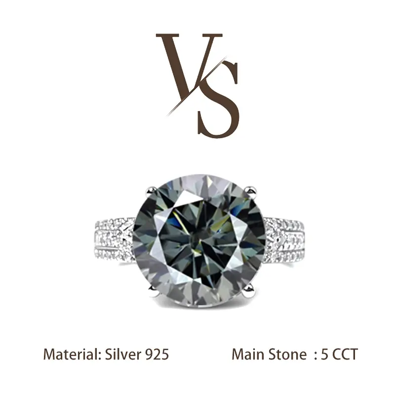 [Venus Jewelry] Synthetic Moissanite 5 CCT Grey Color Round Cut Thick Band Luxury Design VVS 1 D Color Solid Silver 925 Ring