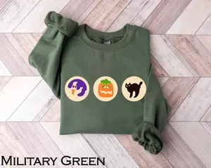 Halloween Sugar Cookie Sweatshirt, Spooky Season Cat Pumpkin Boo Ghost Crewneck, Halloween Cookies Sweater, Retro Fall, Cute Trick Or Treat