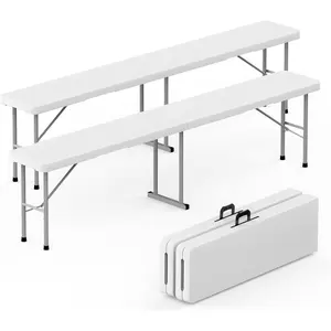 Folding Bench 6 ft, Foldable Plastic Bench with Handle and Smooth HDPE Tabletop, Protable in/Outdoor Picnic Party Camping Dining Seat, 2 Pack, White