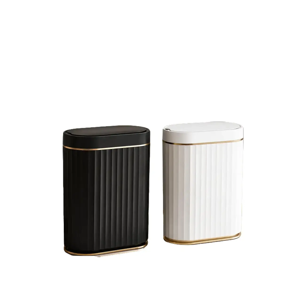 Narrow Motion-Activated Touchless Automatic Trash Can - Slim White Gold Lidded Compact Unit for Bathroom Organization, Bedroom, Small Spaces, Keeps Space Tidy (Home & Bathroom Supplies Gadget)
