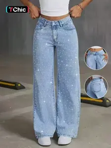 Women's High-Waisted Straight-Leg Wide Leg Pants, Rhinestone Embellished Denim Jeans, Summer Commuter Fashion, Ladies' Trendy Long Trousers