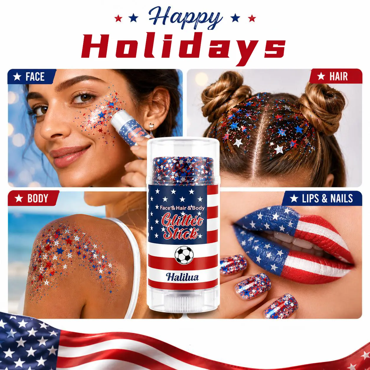 USA Tone Star Glitter Stick, Long Lasting Sparkle Makeup Stick, Eye-Catching Glitter Decor For Holiday Parade & Celebration Events