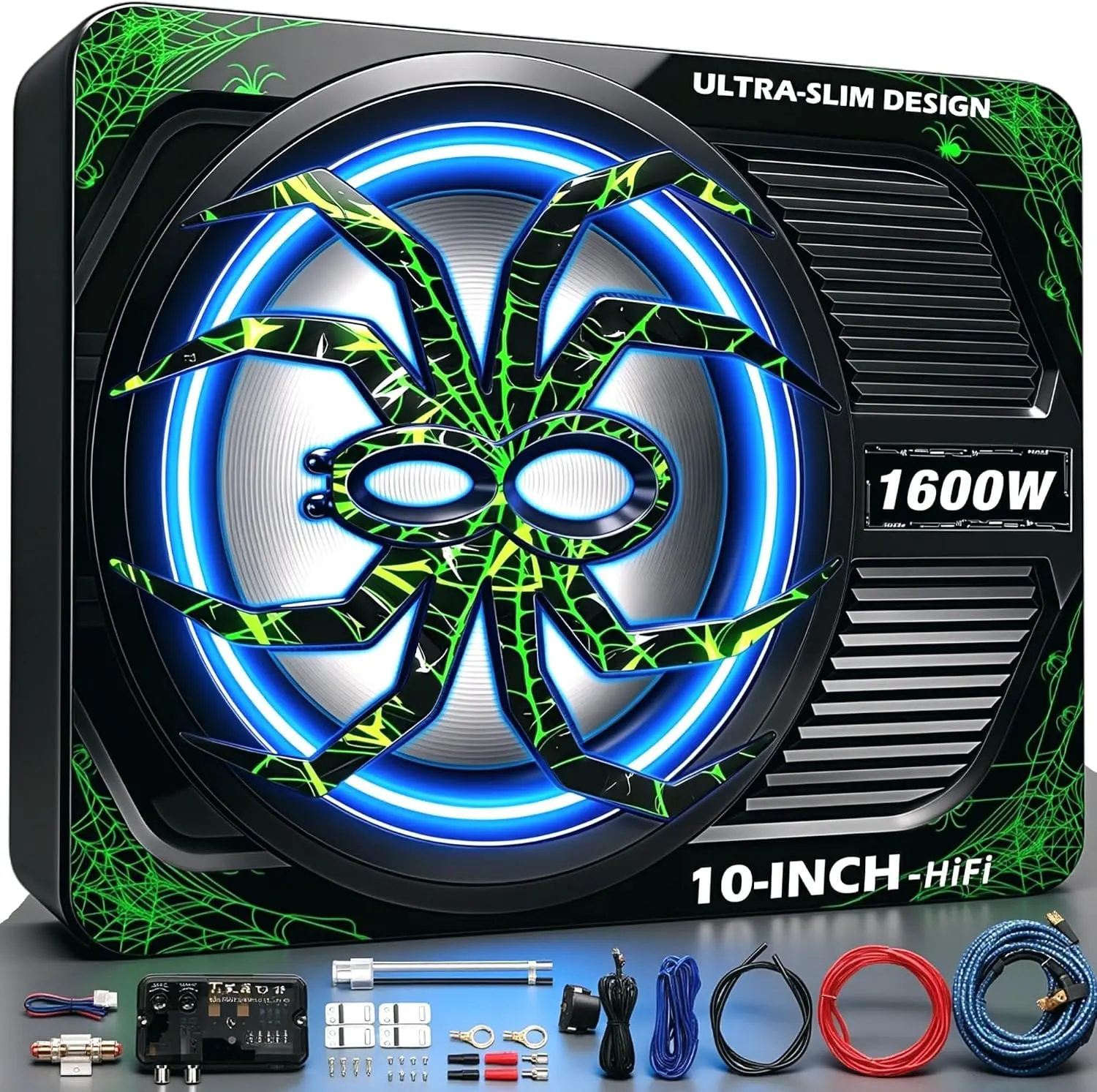 Upgraded 1600W Car Subwoofer, 10" Ultra-Thin Under-Seat Sub with Built-in Amplifier, (LPF/Gain/Bass Boost) LED Ambient Lights, Independent Bass Knob, Distortion-Free Deep Bass（Green）