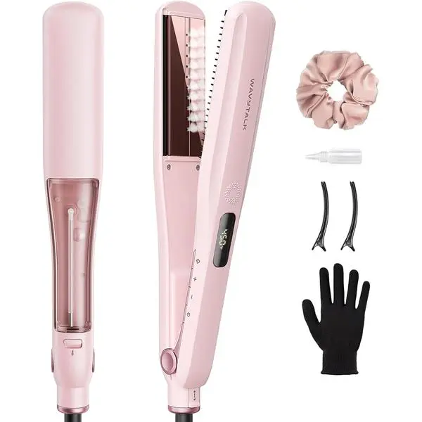 Wavytalk Steam Hair Straightener Steam Sesh for Less Heat Damage, Flat Iron Detachable Comb, Steam Nourishes, Speeds Straightening, Fights Humidity & Frizz, Nano Titanium 1.38'' Plate, 5 Heat, Pink
